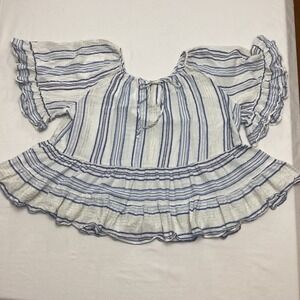 EST. 1946 Womens Top XL Blue Striped Ruffle Sleeve Peplum Tie Neck Blouse